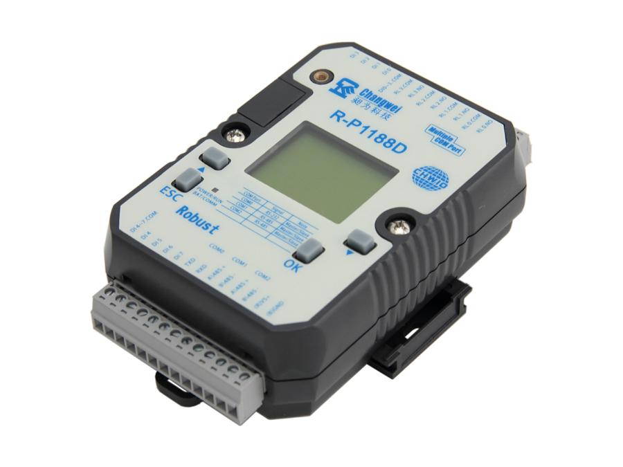 R-P1188D帶液晶屏開關(guān)量八入四出智能IO控制器（PLC）2路RS485和1路RS232口,標準Modbus RTU和Modbus ASCII